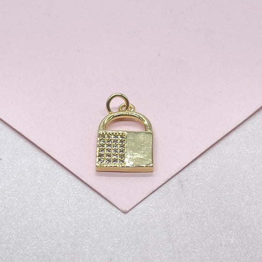 18k Gold Filled Lock Charm with Half Cubic Zirconia and Smooth Gold Surface