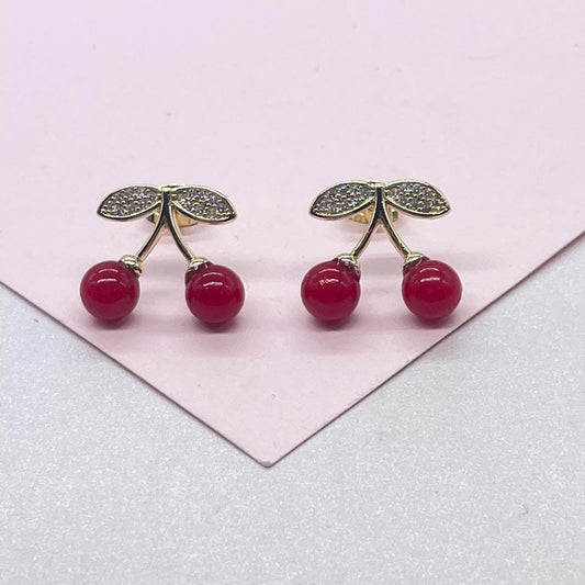 18k Gold Filled Classic Red Cherry Stud Earring with CZ Stems