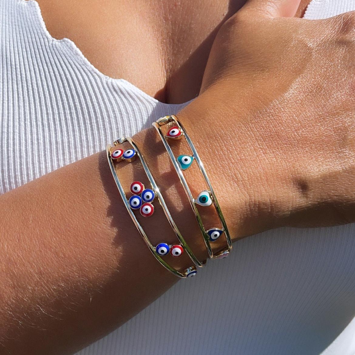 18k Gold Filled Colorful Evil Eye Cuff Bracelets Featuring Flower, Heart or Round Shape, Protection Jewelry