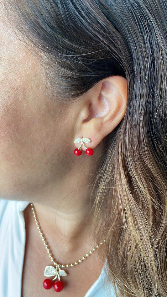 18k Gold Filled Classic Red Cherry Stud Earring with CZ Stems