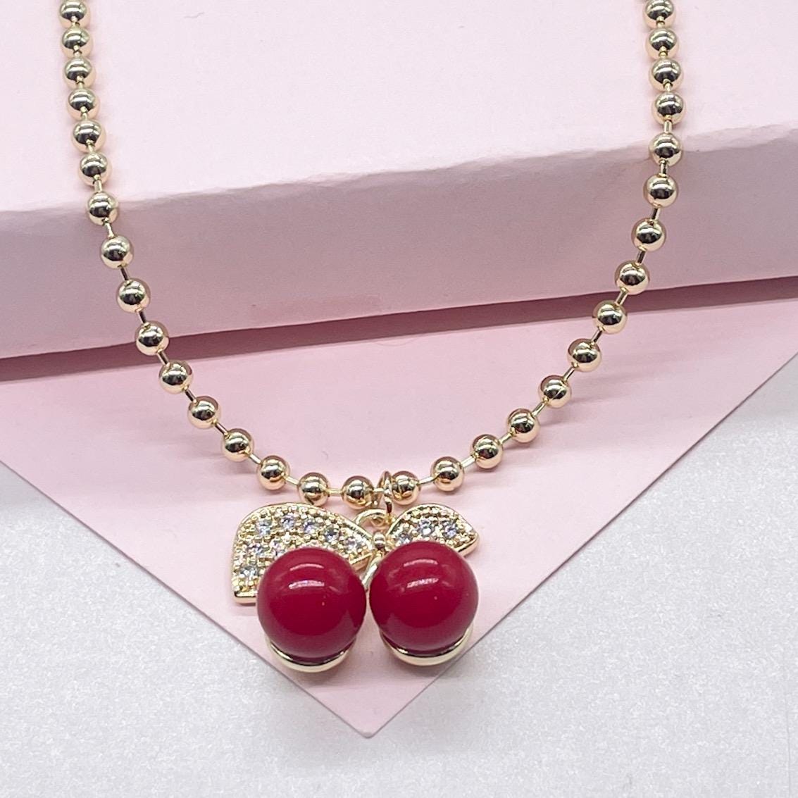 18k Gold Filled Classic Red Cherry Necklace with Beaded Chain Link