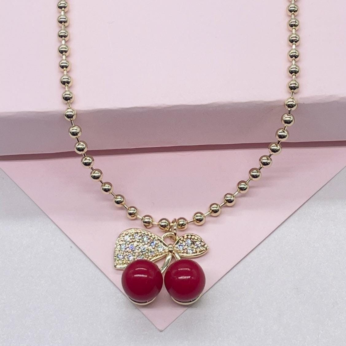 18k Gold Filled Classic Red Cherry Necklace with Beaded Chain Link