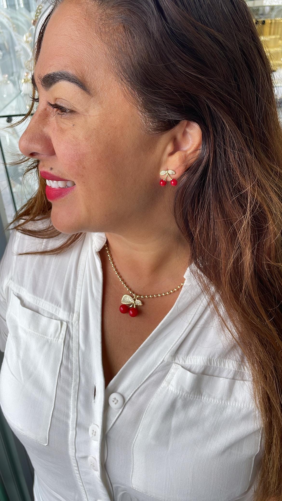 18k Gold Filled Classic Red Cherry Necklace with Beaded Chain Link