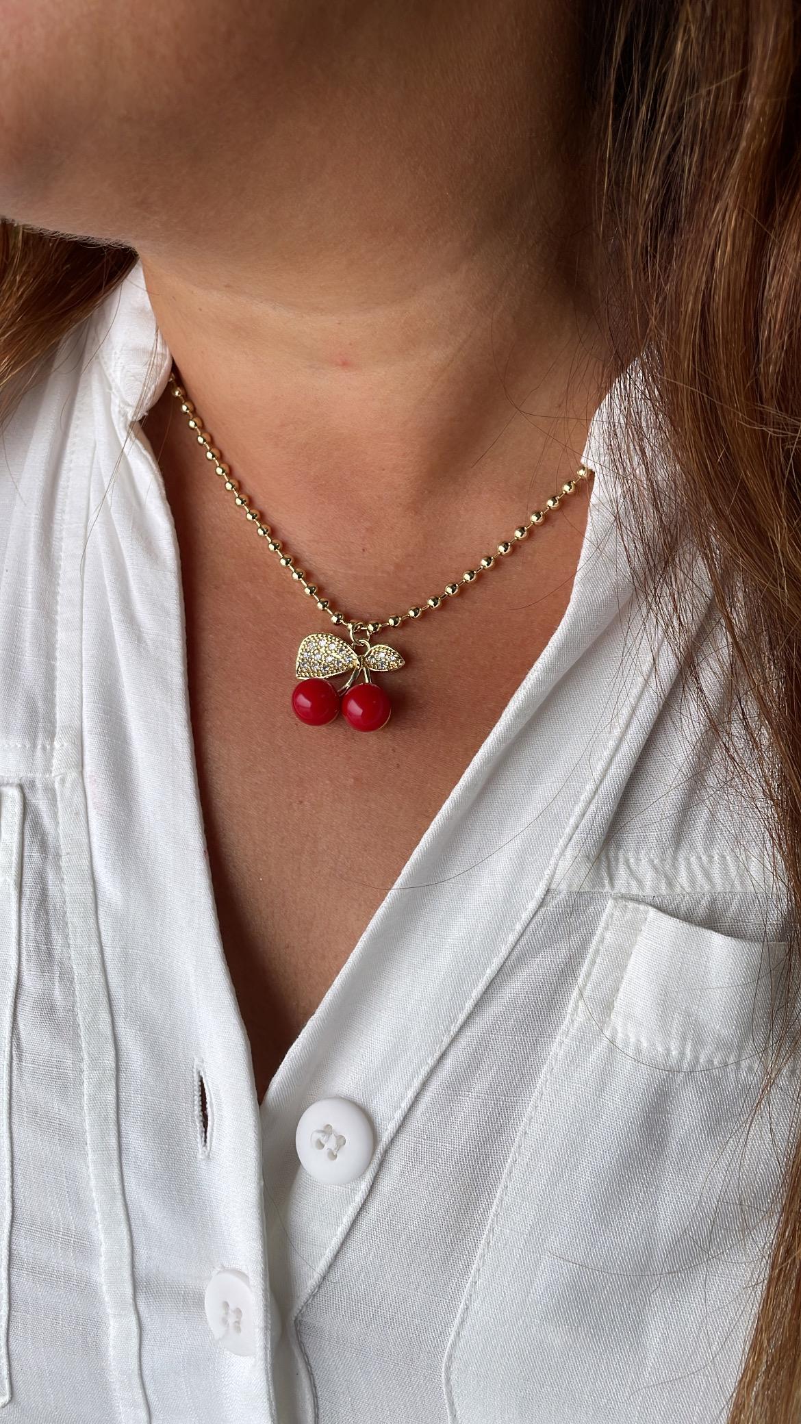 18k Gold Filled Classic Red Cherry Necklace with Beaded Chain Link