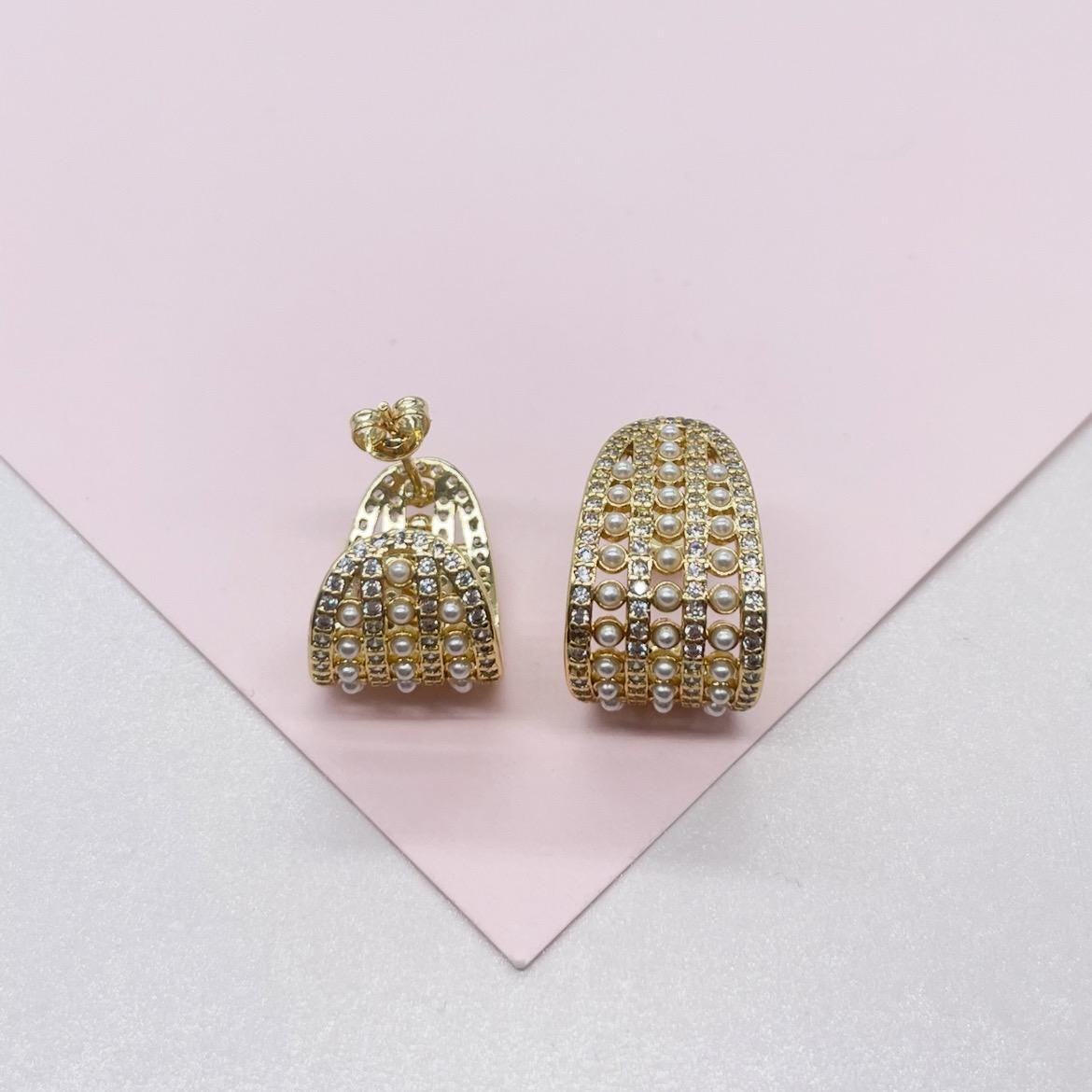 18k Gold Filled Chunky Long C-Hoops with Baby Cz & Pearls Engraved