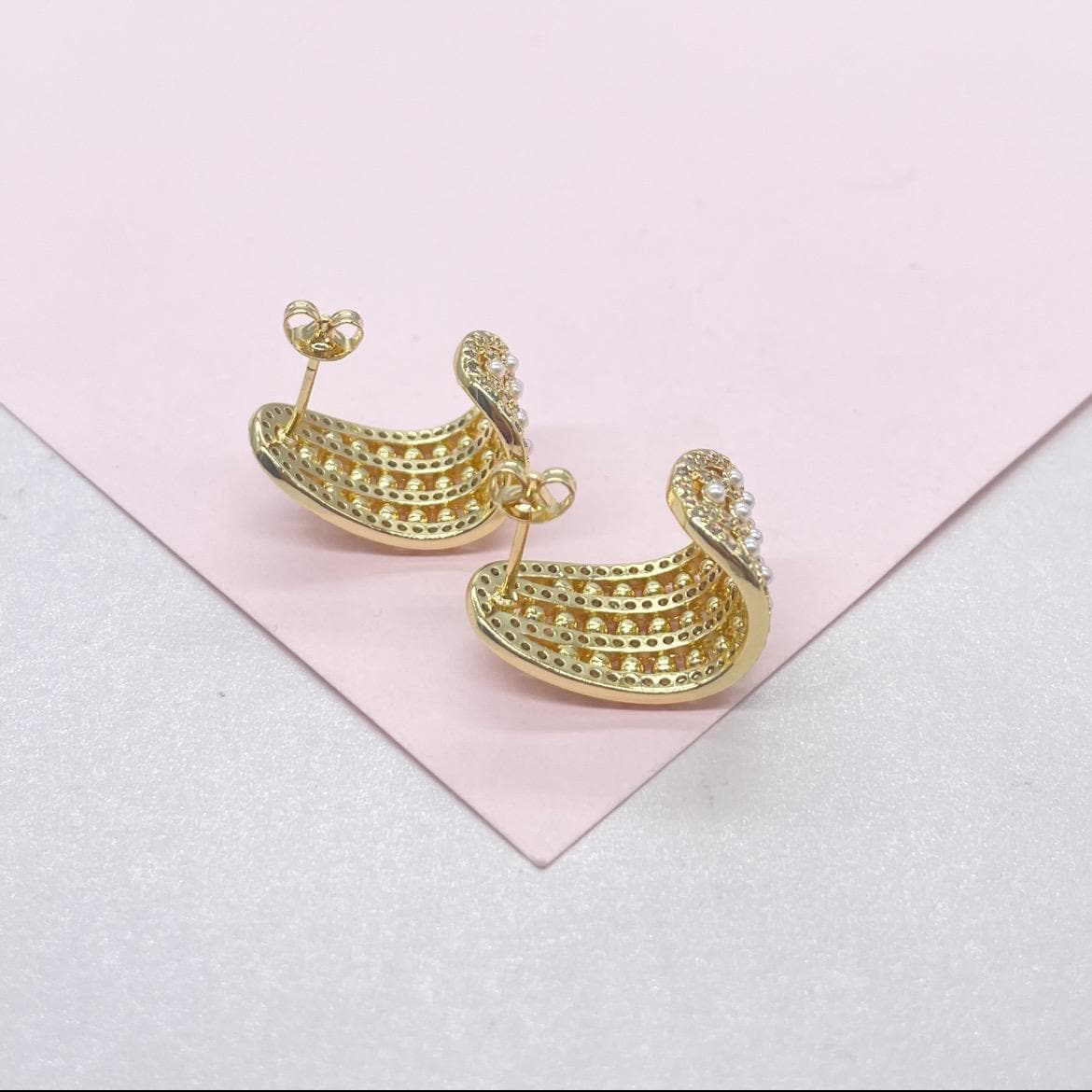 18k Gold Filled Chunky Long C-Hoops with Baby Cz & Pearls Engraved