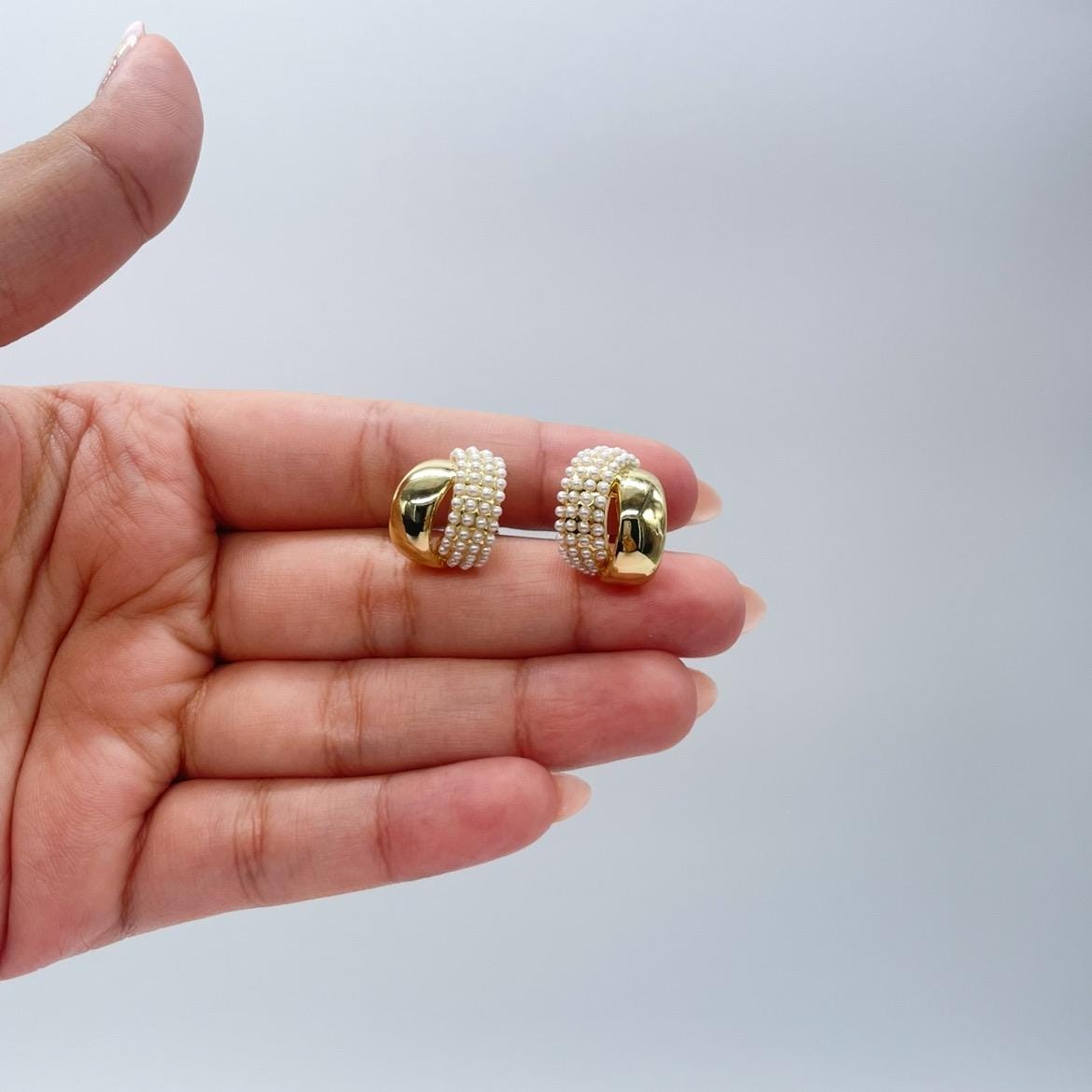 18k Gold Filled Chunky Puffy C-Hoops with Baby Pearls Engraved