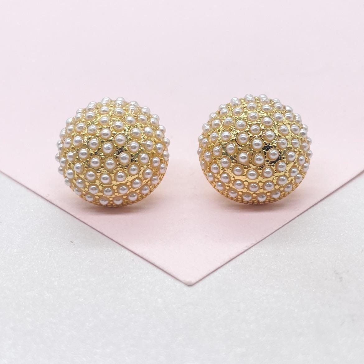 18k Gold Filled 15mm Pearl Beaded Stud Earrings