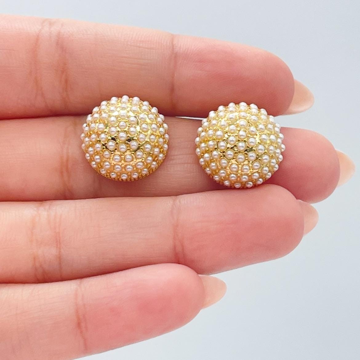 18k Gold Filled 15mm Pearl Beaded Stud Earrings