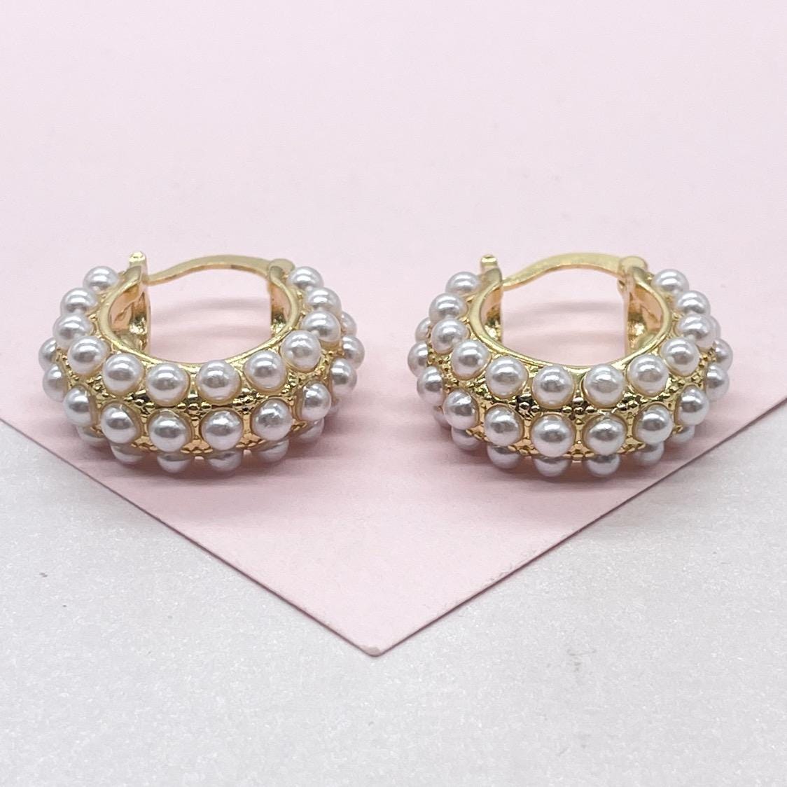18k Gold Filled Pearl Beaded Thick & Small Hoop Earrings