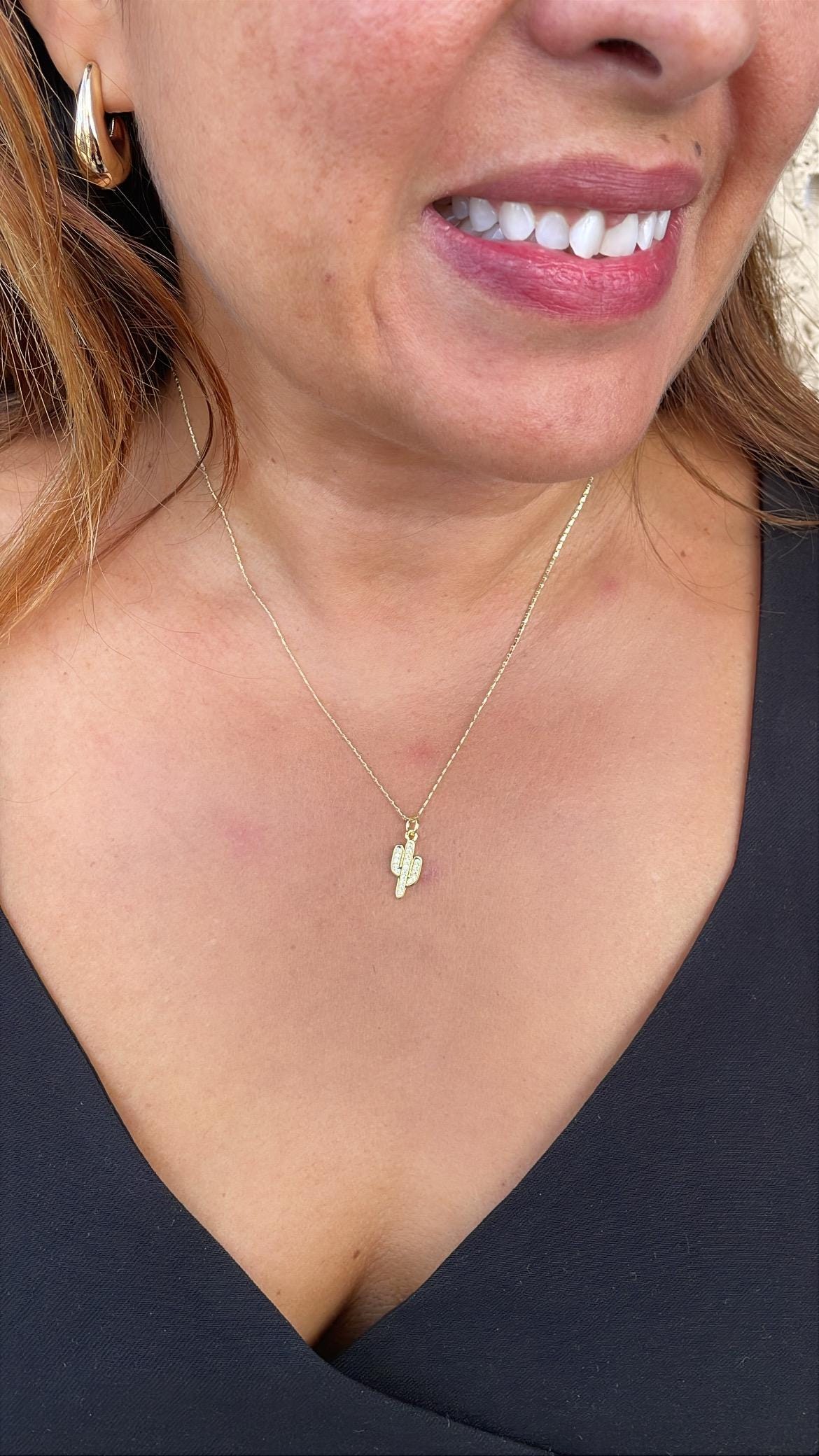 18k Gold Filled Cactus plant with White Pave CZ, cactus pendant summer jewelry,