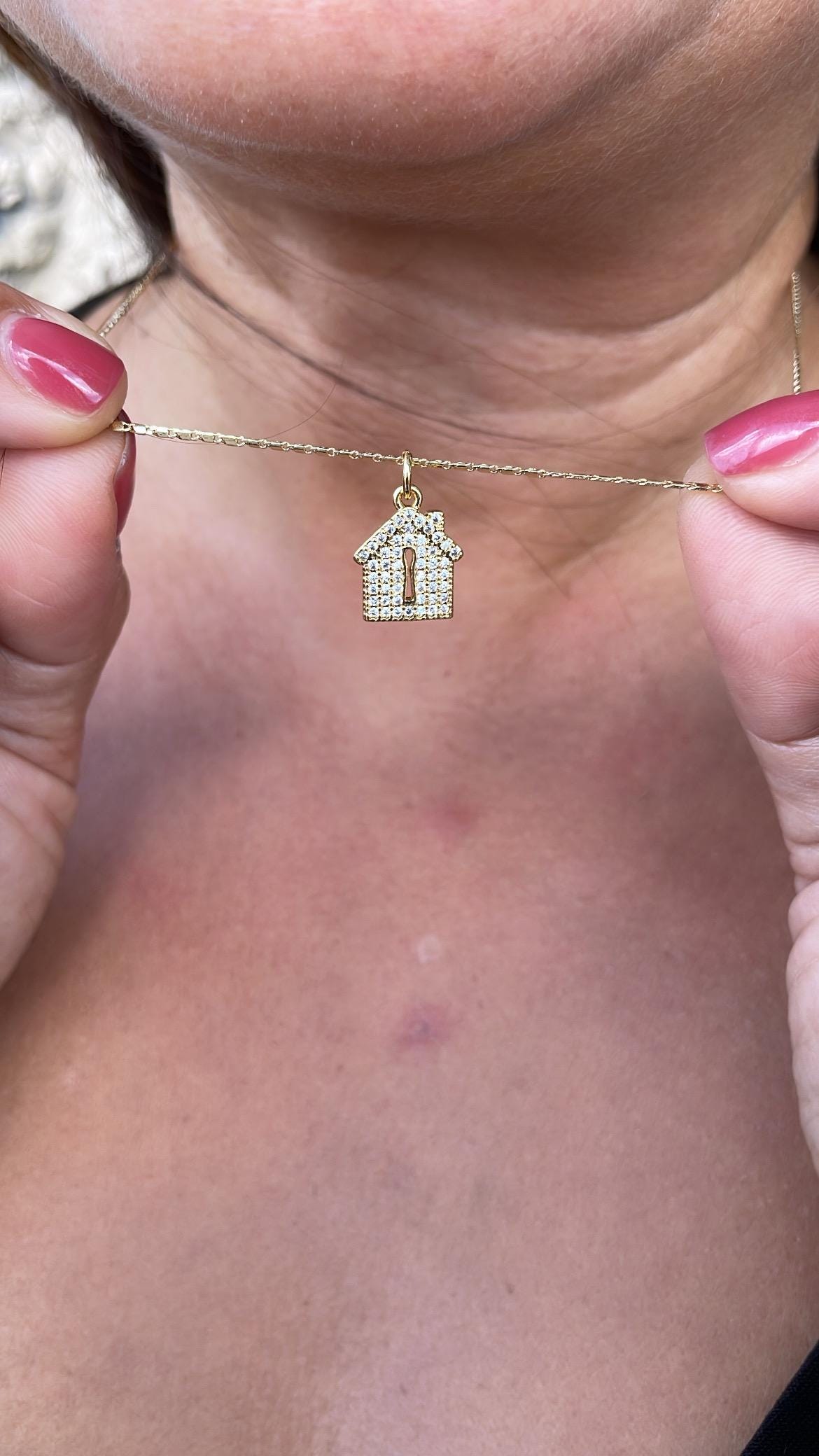 18k Gold Filled Mini House Charm with Key Whole CZ Pave