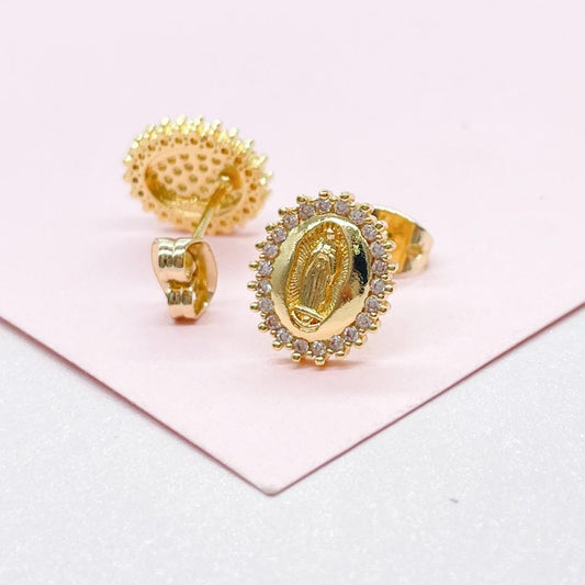 18k Gold Filled Virgin Mary Studs Crowned with CZ Stones