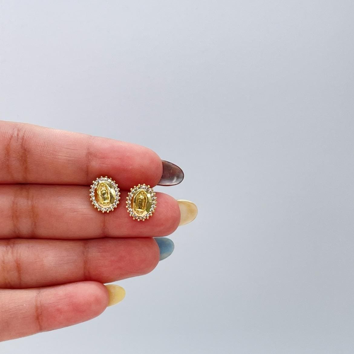 18k Gold Filled Virgin Mary Studs Crowned with CZ Stones