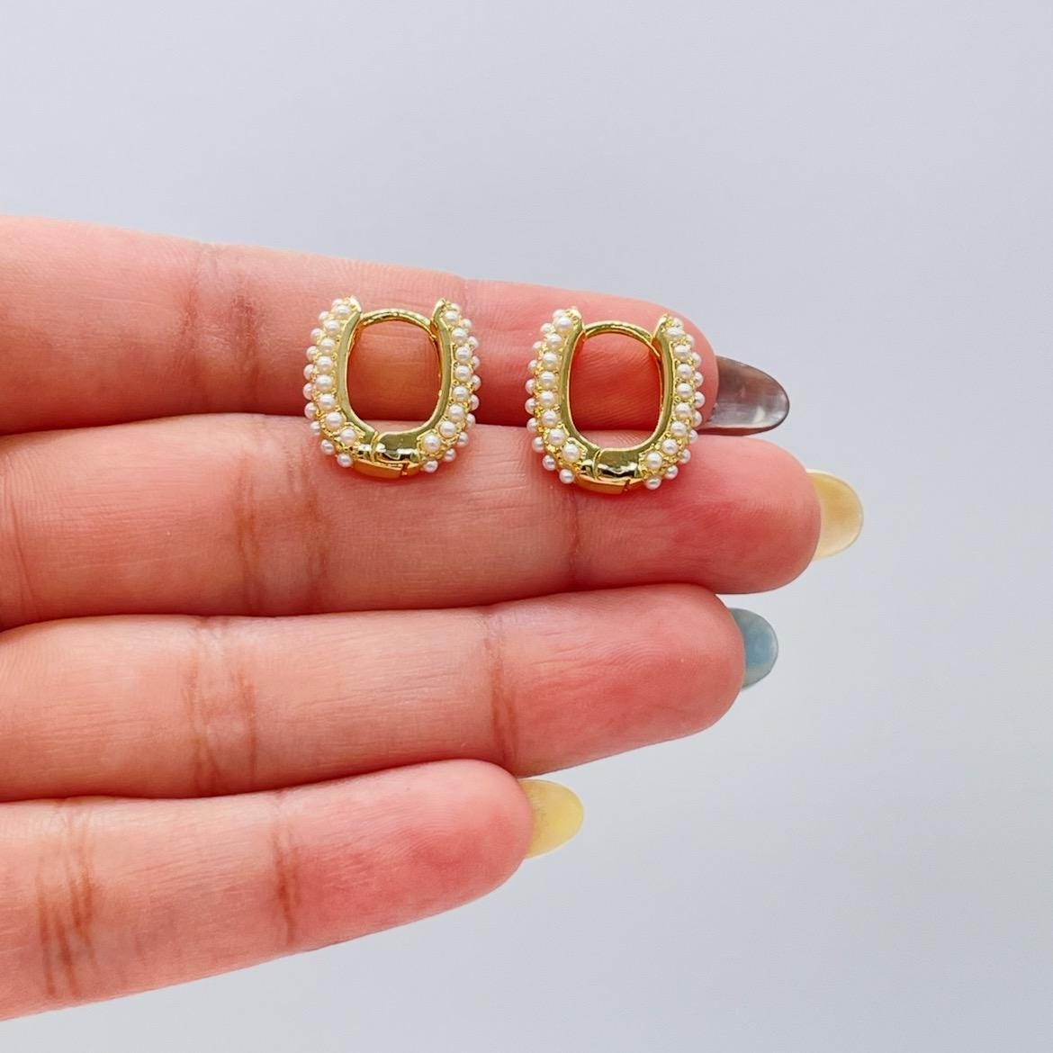 18k Gold Filled Pearl Beaded Oval Hoop Earrings