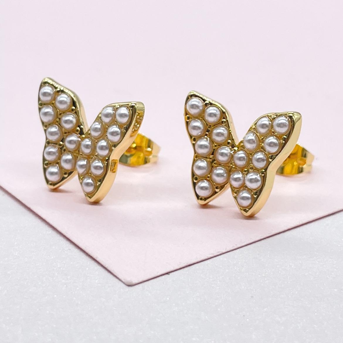 18k Gold Filled Pearl Beaded Butterfly Stud Earrings