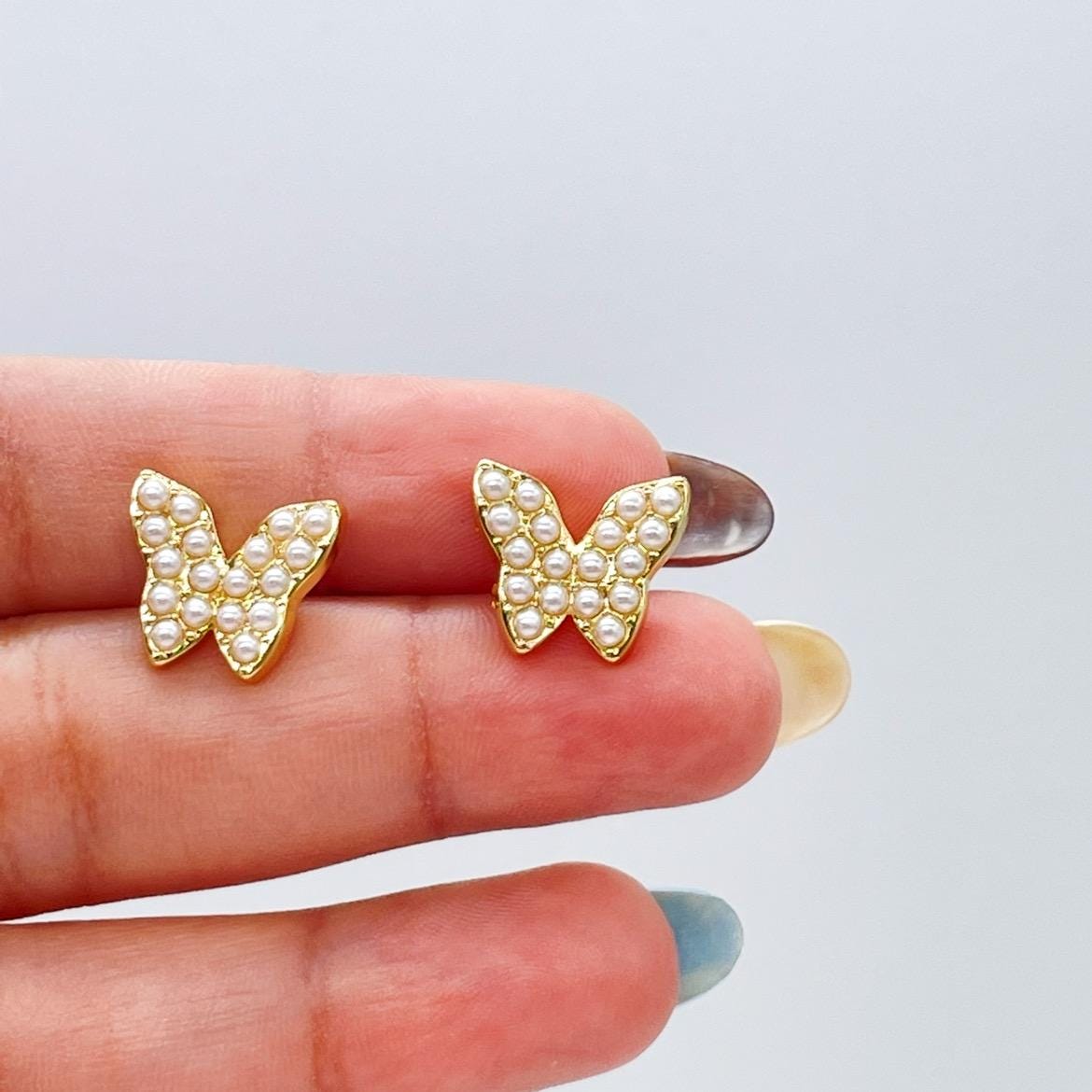 18k Gold Filled Pearl Beaded Butterfly Stud Earrings