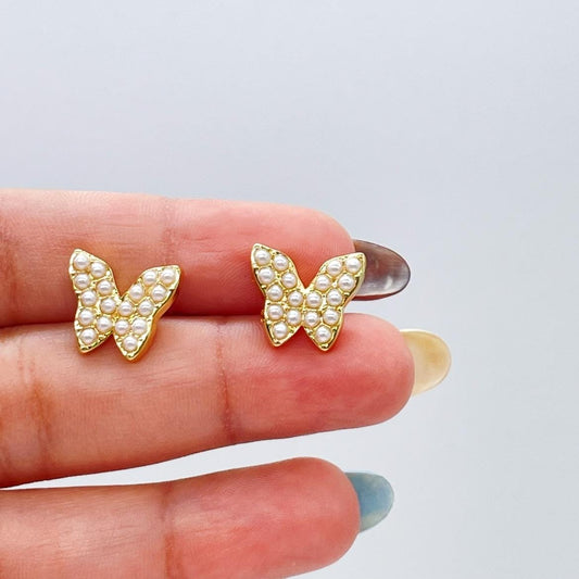 18k Gold Filled Pearl Beaded Butterfly Stud Earrings