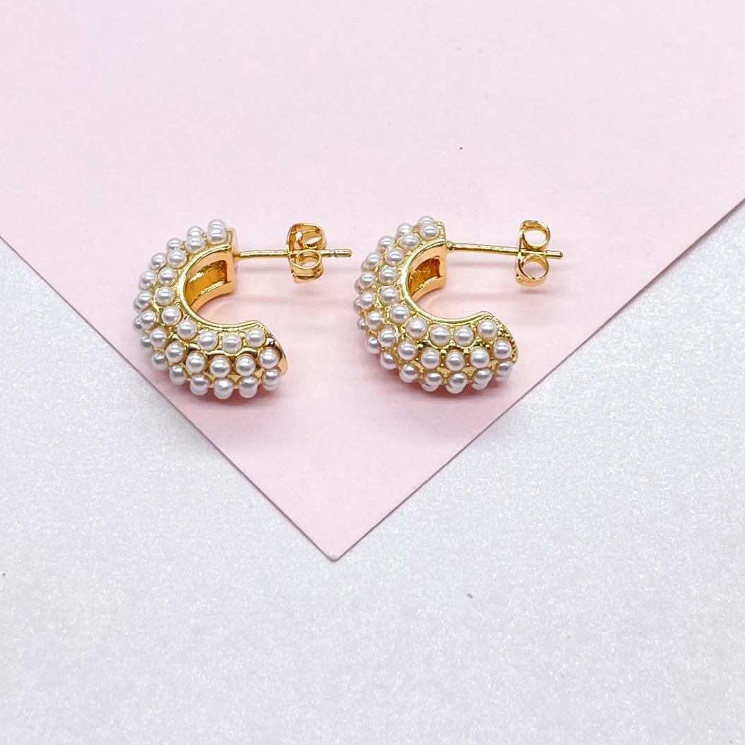 18k Gold Filled Chunky Puffy C-Hoops with Baby Pearls Engraved