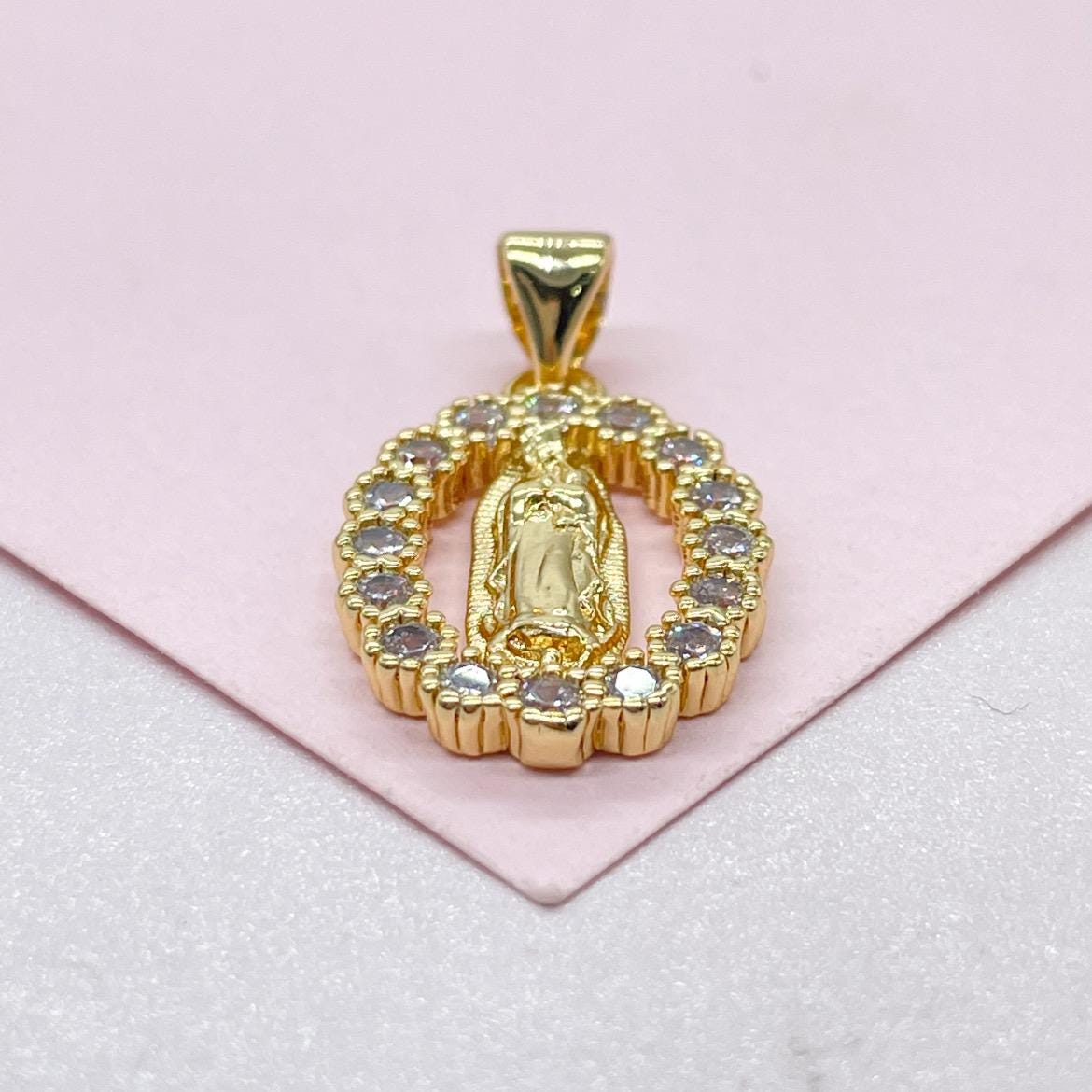 18k Gold Filled Engraved Virgin of Mary Charm Crowned with Round CZ Stones