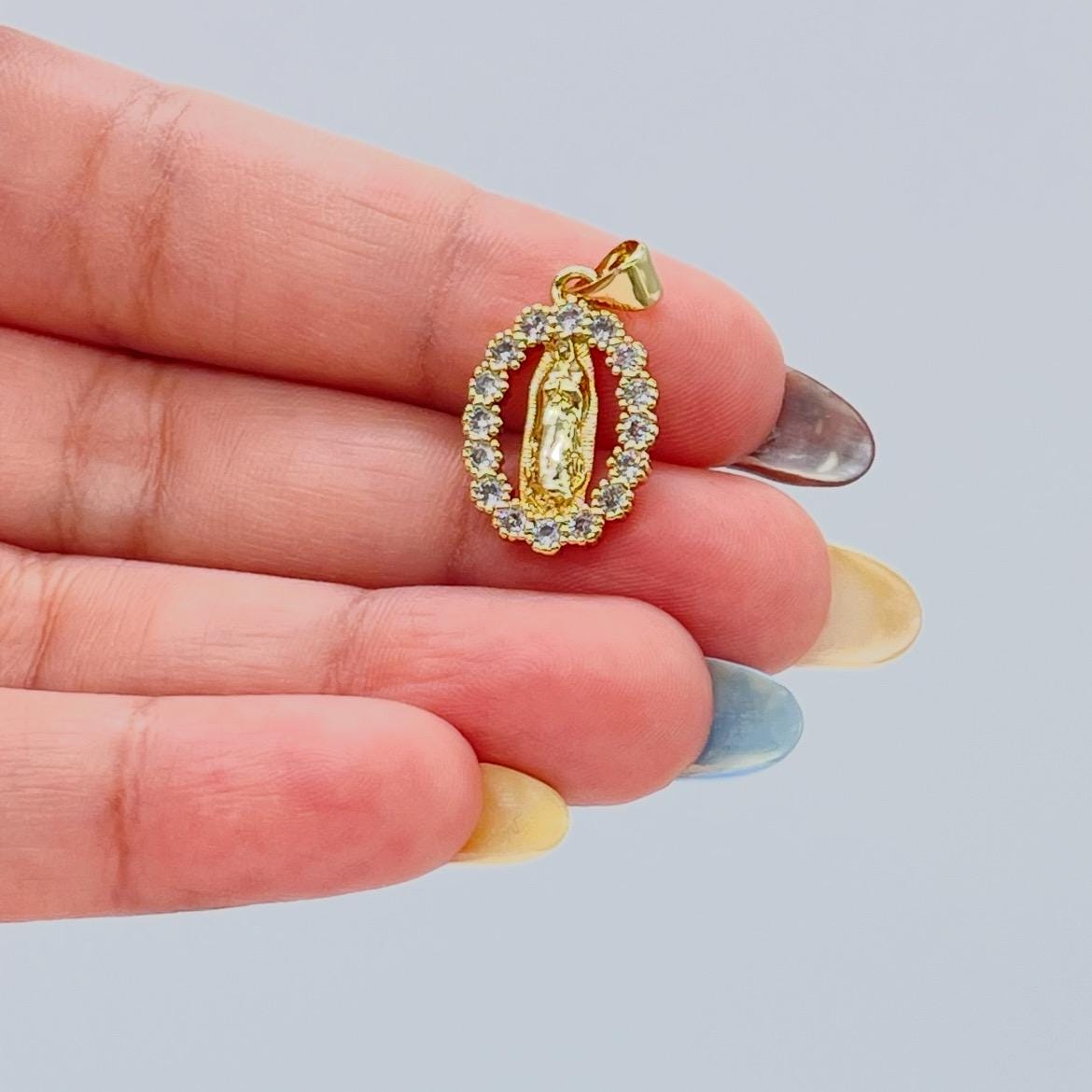18k Gold Filled Engraved Virgin of Mary Charm Crowned with Round CZ Stones
