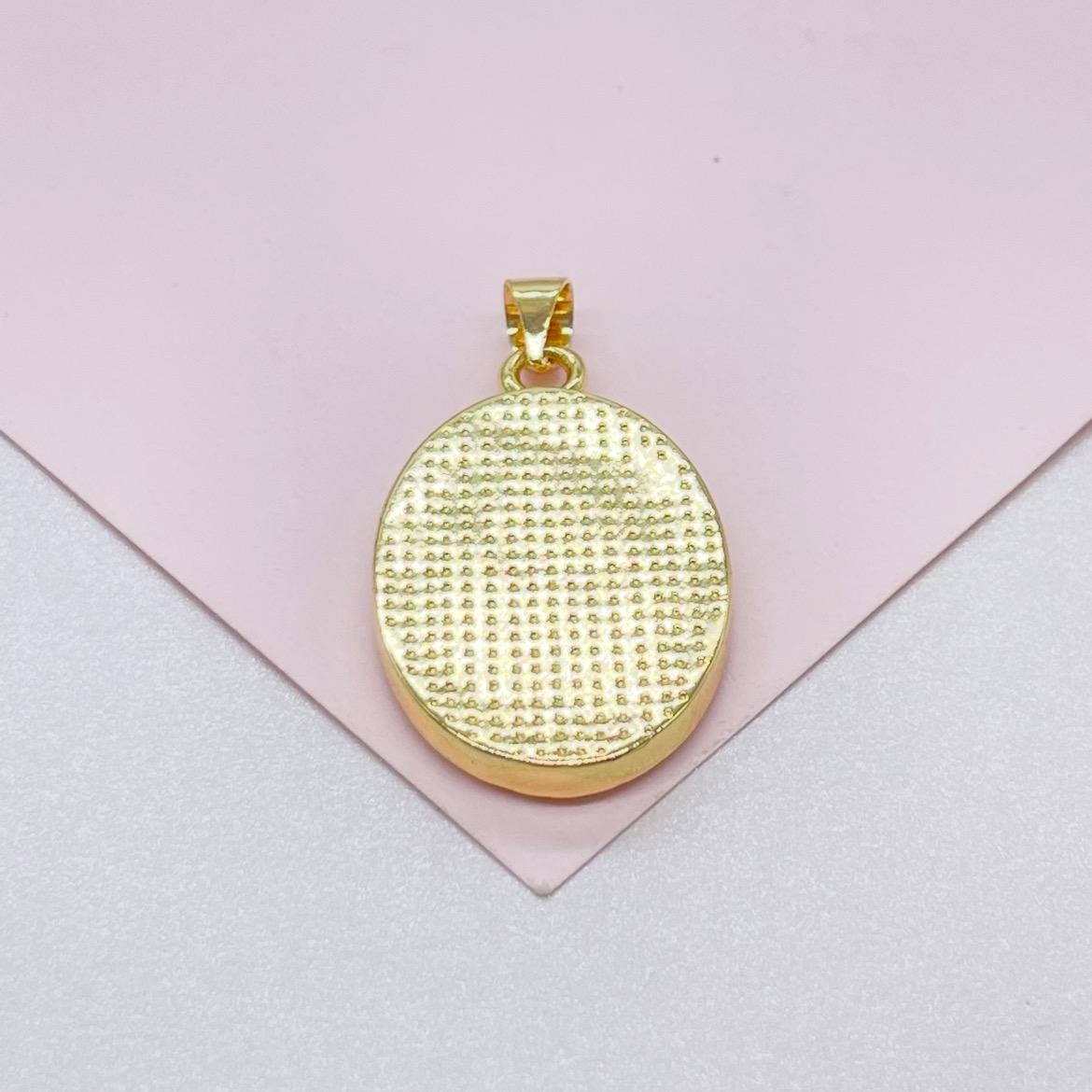 18k Gold Filled Engraved Virgin of Mary Charm with Mother of Pearl