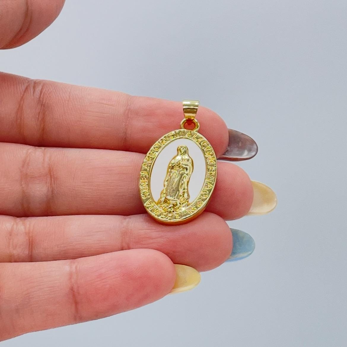 18k Gold Filled Engraved Virgin of Mary Charm with Mother of Pearl