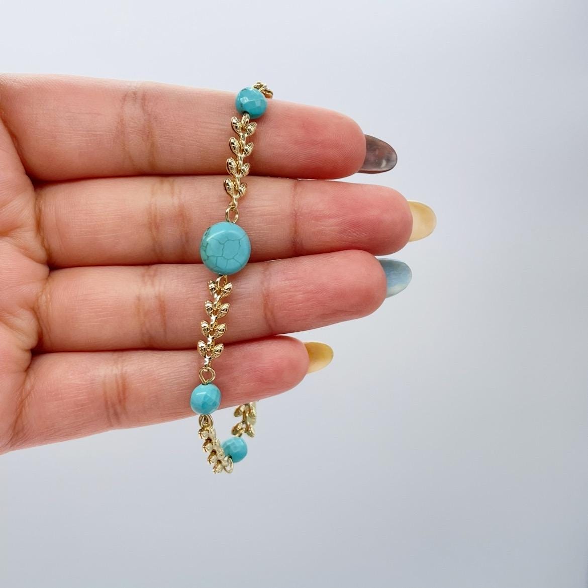 18k Gold Filled Fishtail Link Bracelet with Turquoise Beads