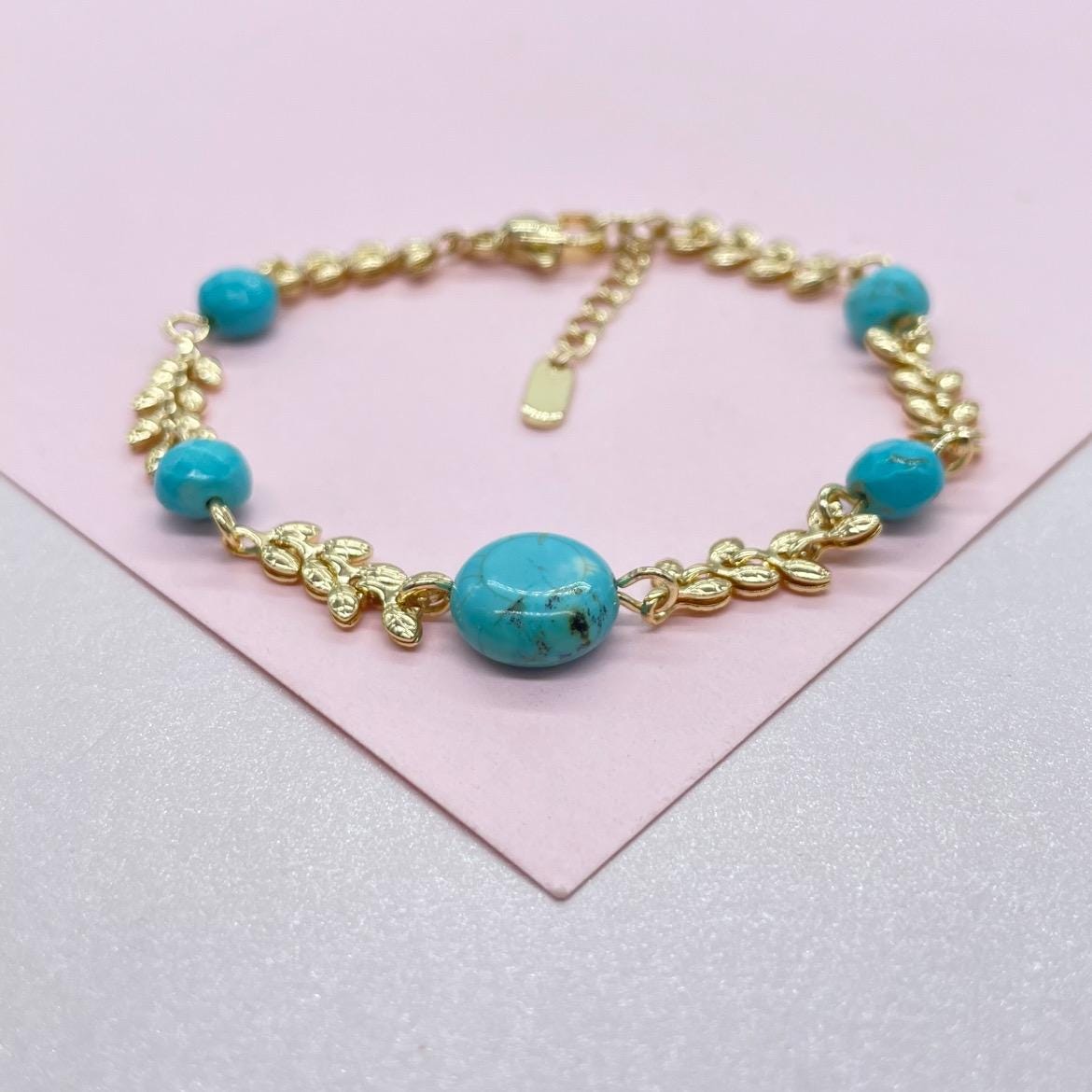 18k Gold Filled Fishtail Link Bracelet with Turquoise Beads