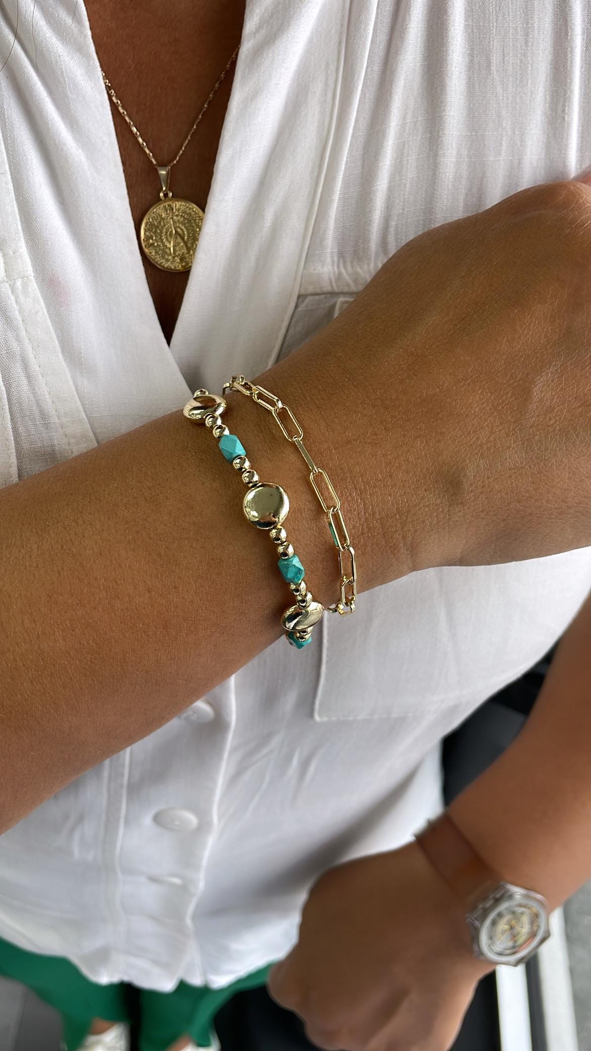 18k Gold Filled Double Bracelet with Paper Clip Link and Beaded Turquoise Stones