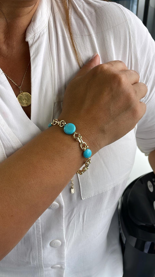 18k Gold Filled Specialty Link Bracelet with Turquoise Disks