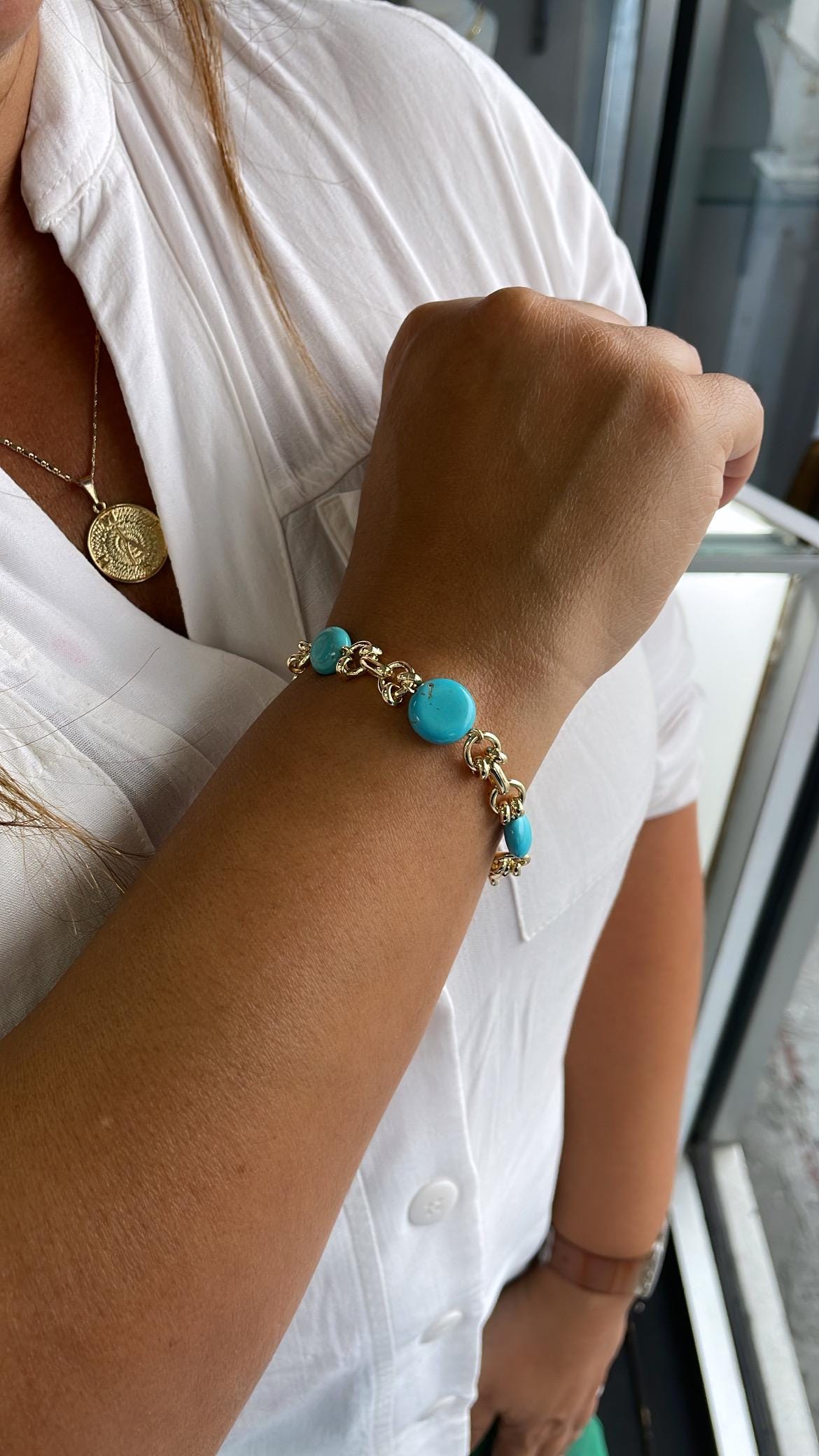 18k Gold Filled Specialty Link Bracelet with Turquoise Disks