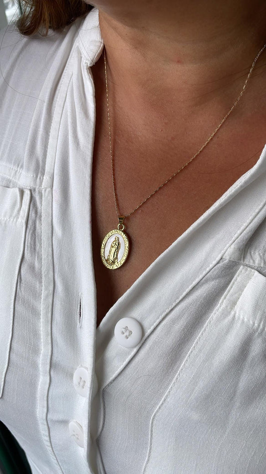 18k Gold Filled Engraved Virgin of Mary Charm with Mother of Pearl