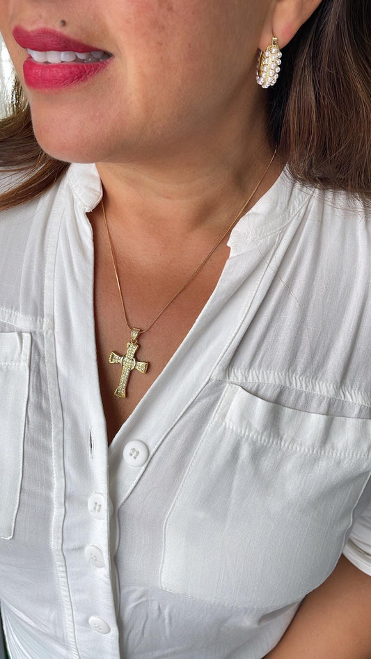 18k Gold Filled Crucifix Cross Patterned with CZ and Engraving Patterns