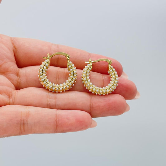 18k Gold Filled Pearl Hoop Earrings, Beaded Open Hoops
