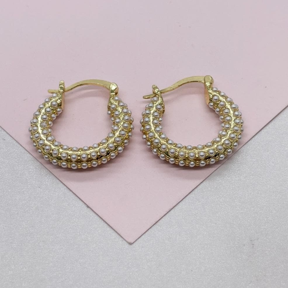18k Gold Filled Pearl Hoop Earrings, Beaded Open Hoops