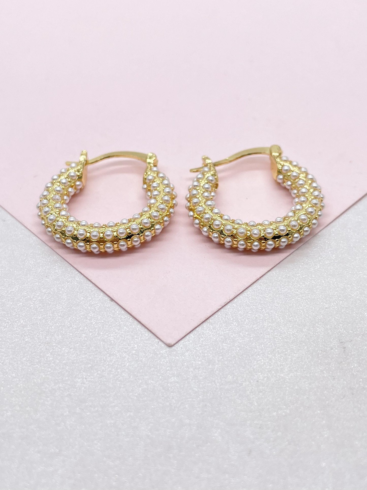 18k Gold Filled Pearl Hoop Earrings, Beaded Open Hoops