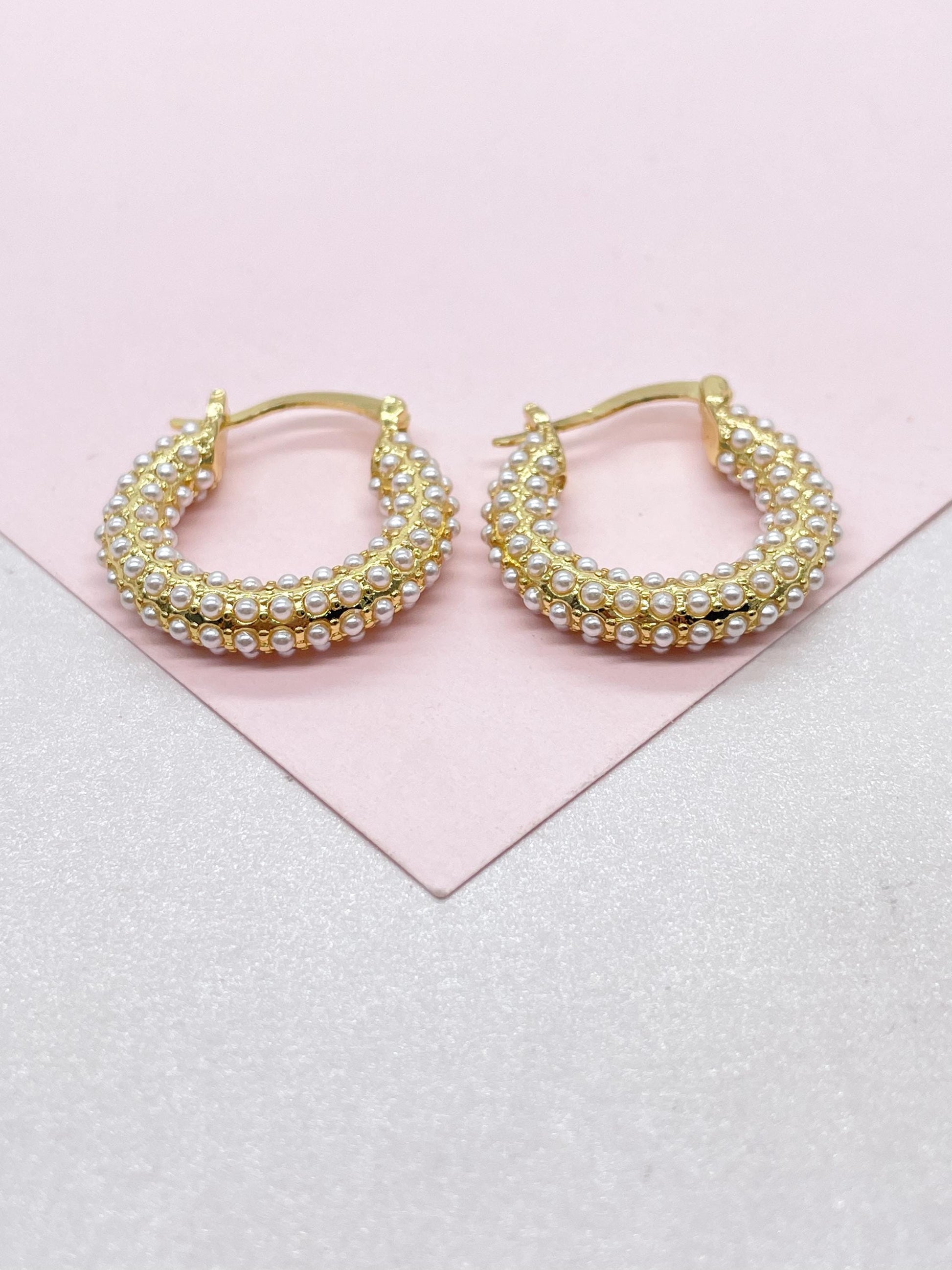 18k Gold Filled Pearl Hoop Earrings, Beaded Open Hoops