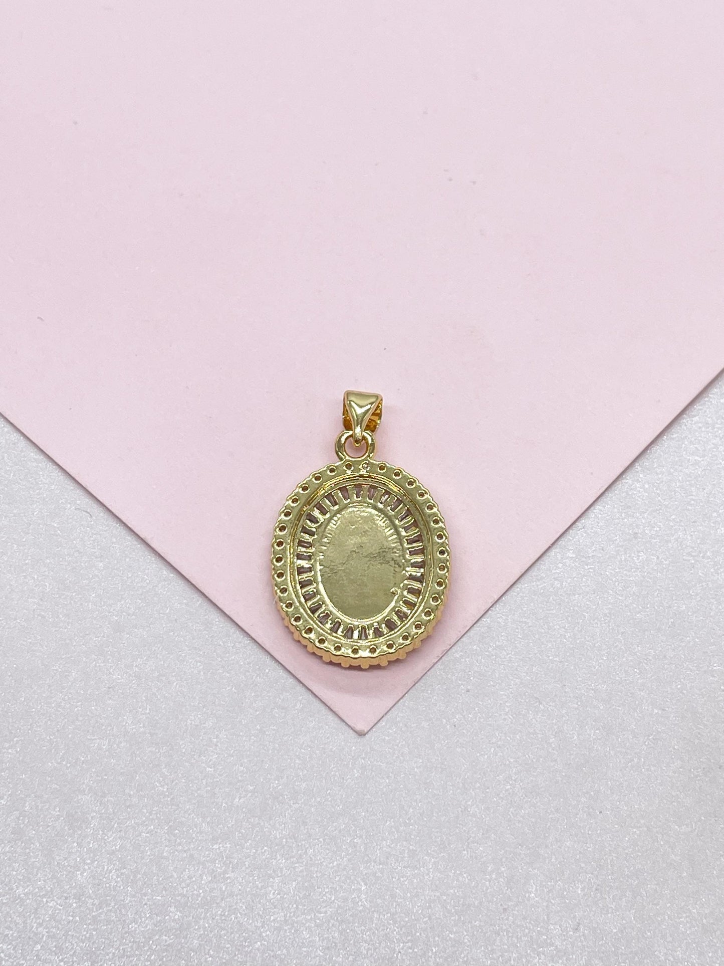 18k Gold Filled Engraved Virgin of Mary Medallion with Baguette and Round CZ