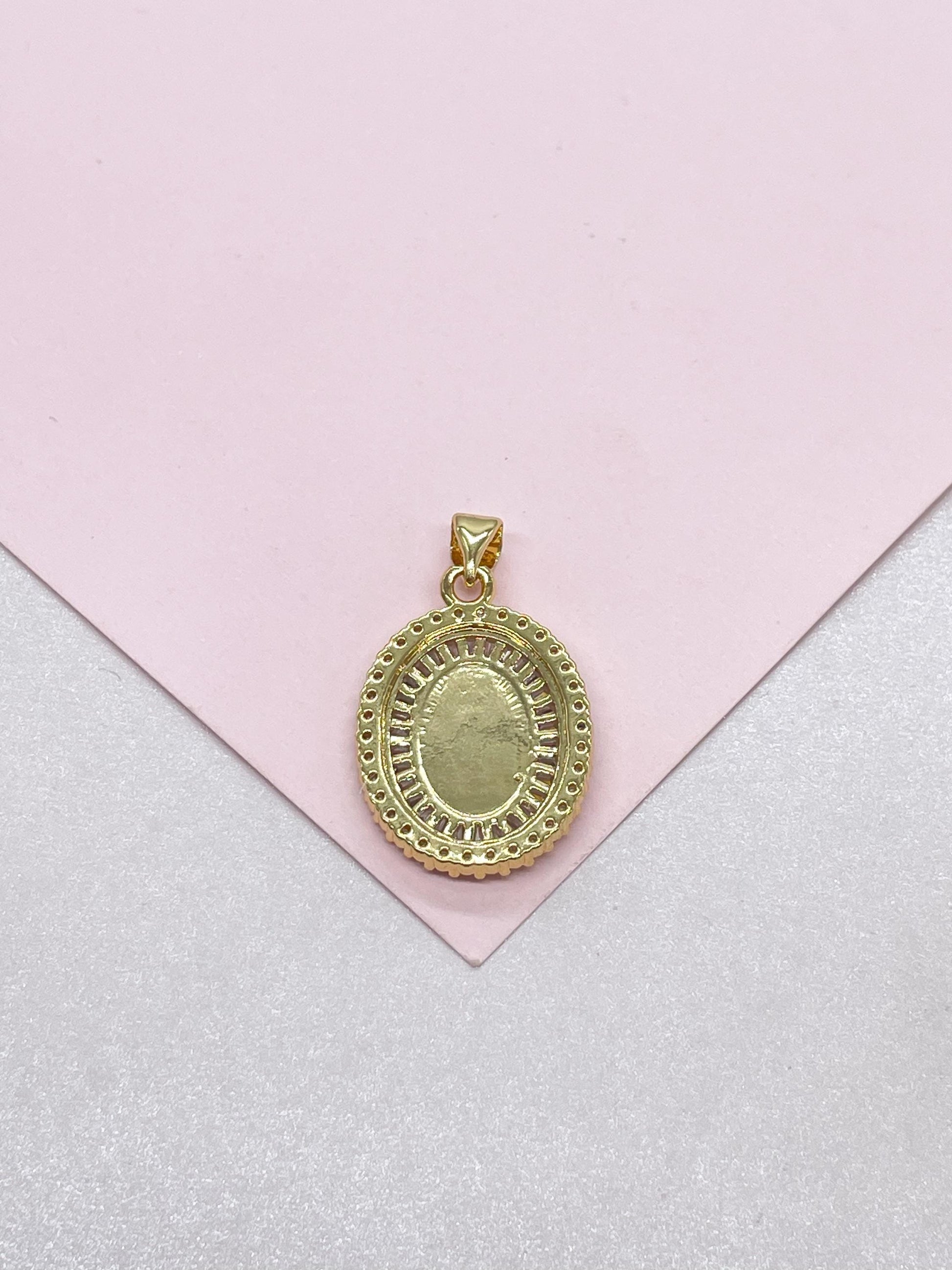 18k Gold Filled Engraved Virgin of Mary Medallion with Baguette and Round CZ