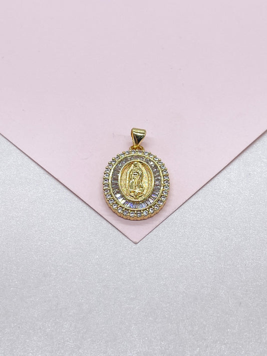 18k Gold Filled Engraved Virgin of Mary Medallion with Baguette and Round CZ