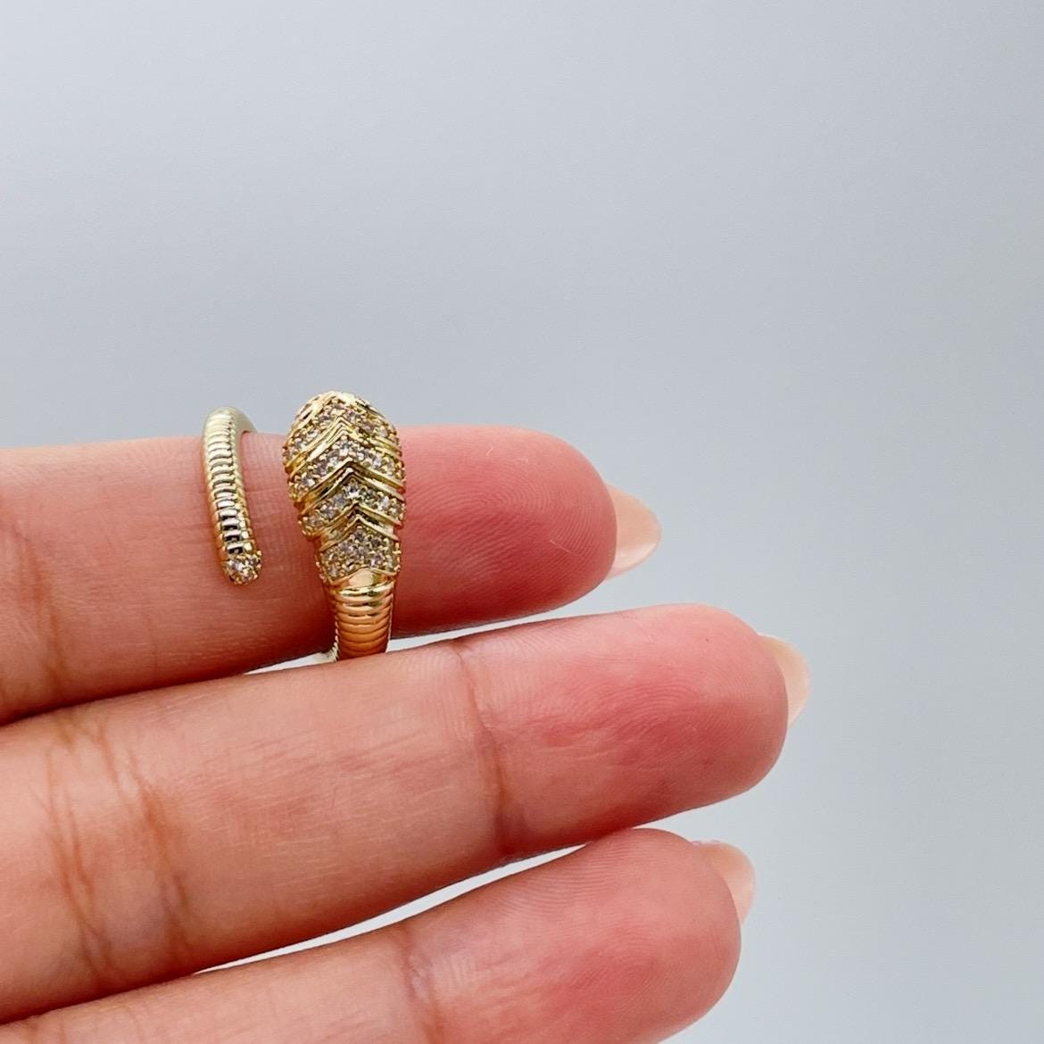 18k Gold-filled Adjustable Serpent Ring with rowed textures and CZ Stones