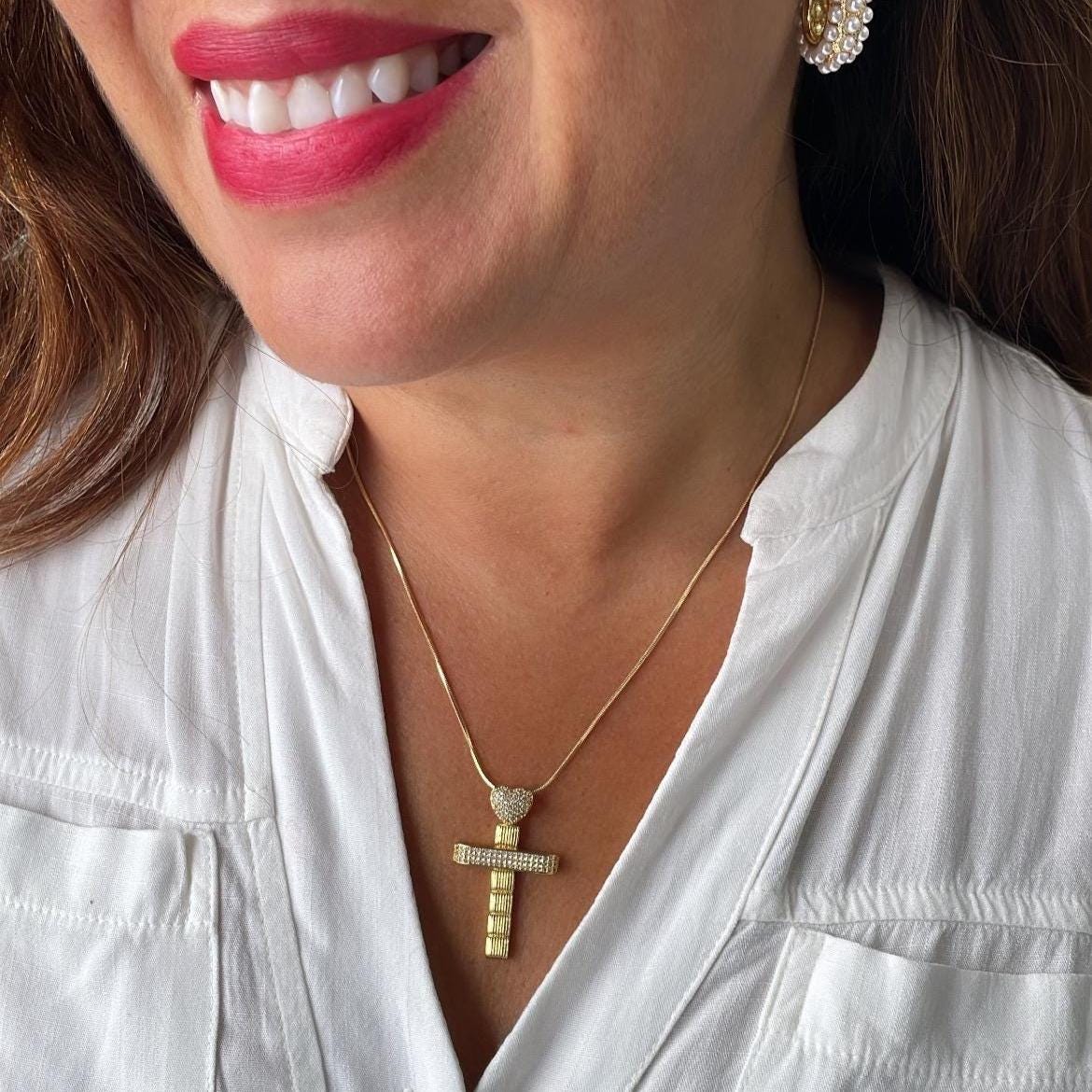 18k Gold Filled CZ Crucifix Pendant with Engraved with Cubic Zirconia and Topped with CZ Heart