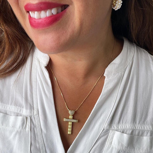 18k Gold Filled CZ Crucifix Pendant with Engraved with Cubic Zirconia and Topped with CZ Heart