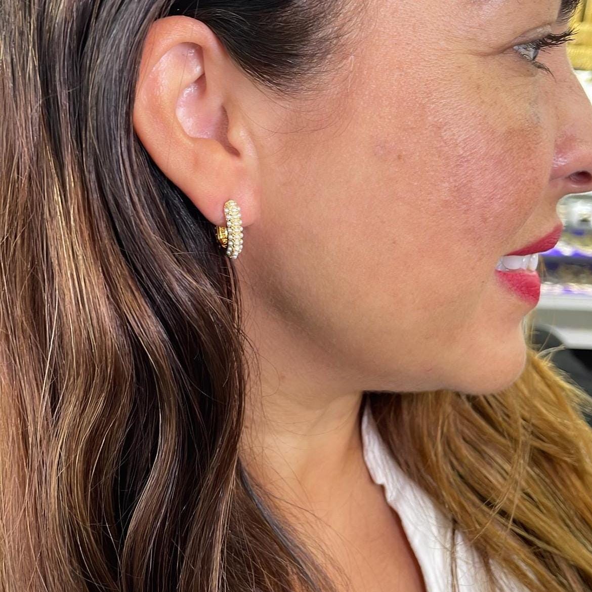 18k Gold Filled Pearl Beaded Oval Hoop Earrings