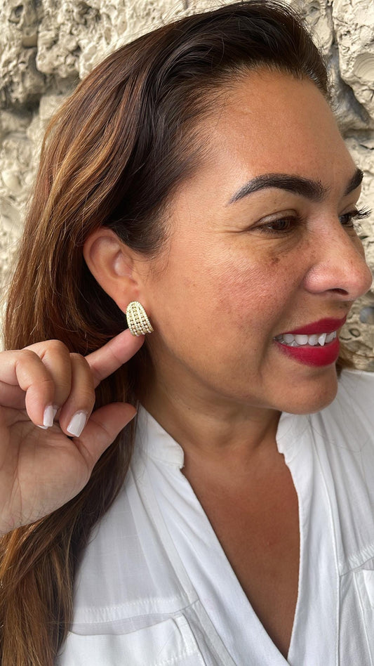 18k Gold Filled Chunky Long C-Hoops with Baby Cz & Pearls Engraved