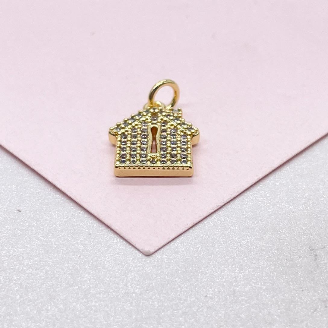 18k Gold Filled Mini House Charm with Key Whole CZ Pave