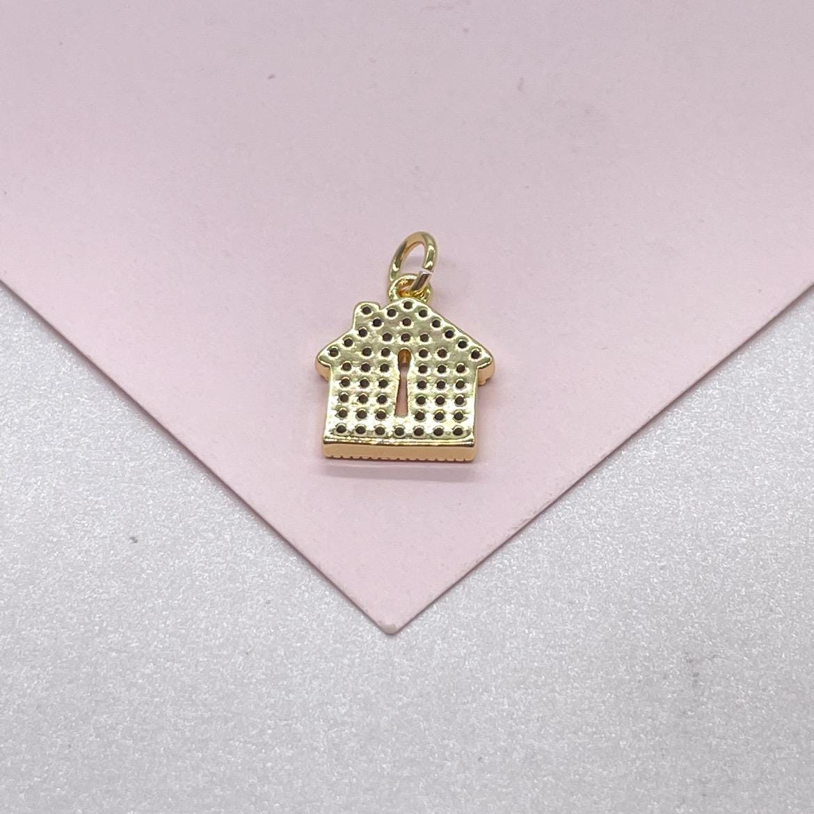 18k Gold Filled Mini House Charm with Key Whole CZ Pave