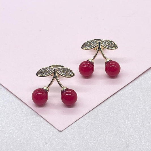 18k Gold Filled Classic Red Cherry Stud Earring with CZ Stems