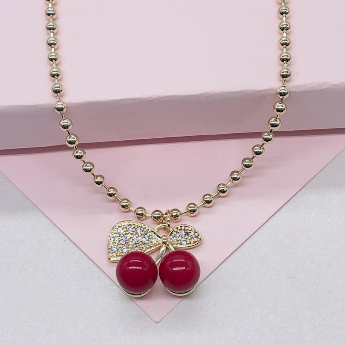 18k Gold Filled Classic Red Cherry Necklace with Beaded Chain Link